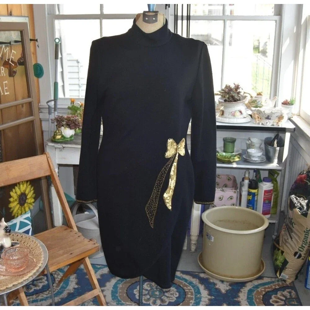 Vtg 70s Wool Dress Gold Sequin Bow, Black, Warren Knits Marisa Christina, Medium